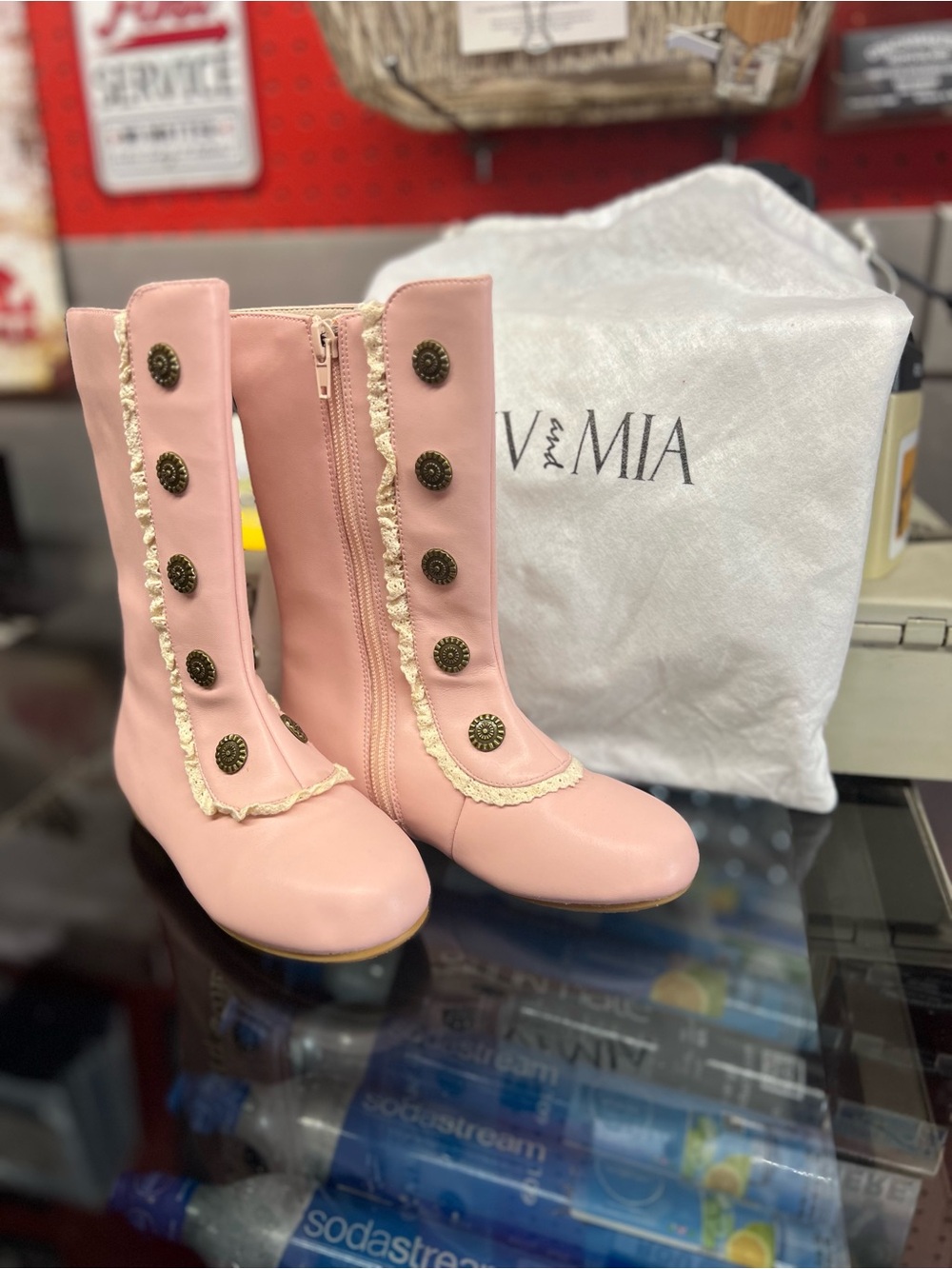 MIA Pink Lace-Trim Button Mid-Calf Boots